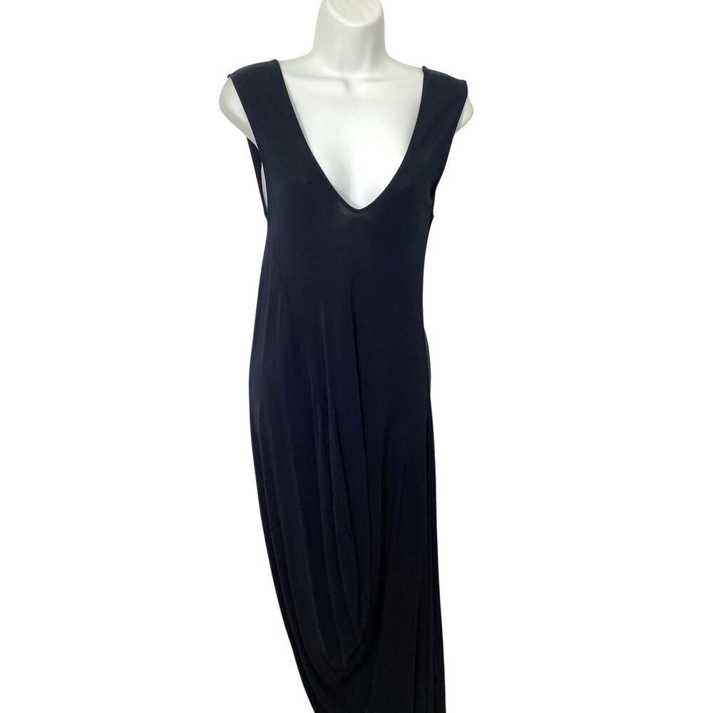 Zero + Maria Cornejo Navy Midi Sleeveless Draped Hem Jersey Asymmetrical Dress M